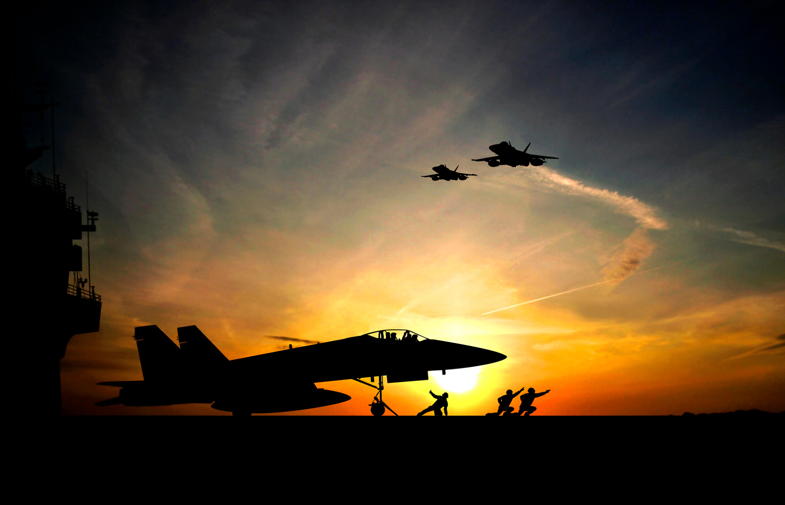 Fighter Planes Taking Off as the Sun Sets